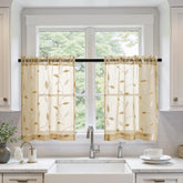 Embroidered Leaf Patterned Rod Pocket Floral Semi Sheer Curtains Beige 30Wx30L